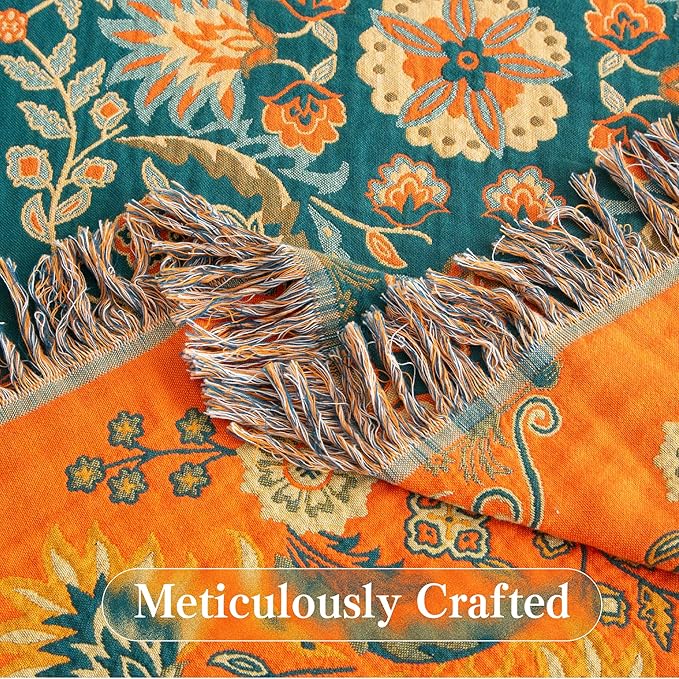 Boho Throw Blanket Queen Size, Oversized Soft Cozy Cotton Muslin Quilt Blanket for Bed Decor, Floral Patterned Couch Sofa Chair Cover, Vintage Farmhouse Cottage Woven Blanket, Orange&Green-Ruum Studio Home