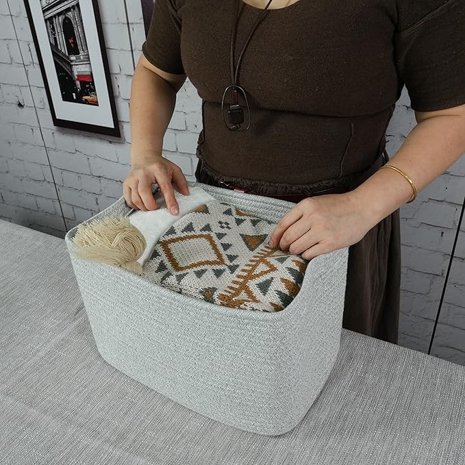 Cotton Rope storage Basket Bins Woven Basket for Organizing Shelves 14.5X9.5X9.3“ Rectangle Decorative Baskets For storage Clothes Toys Books Towels Square Wicker Nursery basket organizer 3 pack grey-Ruum Studio Home