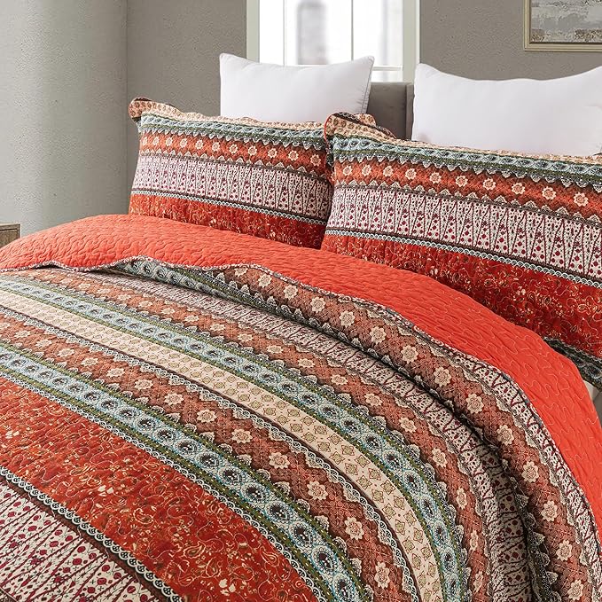 NEWLAKE Cotton Bedspread Quilt Sets - Reversible Patchwork Coverlet Set, Red Striped Jacquard Pattern, California King Size-Ruum Studio Home