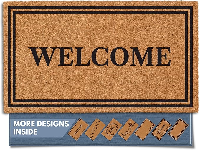Barnyard Designs Natural Coco Coir Heavy Duty Backing Doormat - Large Cute Non-Slip Front Door Welcome Mat for Outside Entrance or Porch Entry, Brown (17x30, Welcome)-Ruum Studio Home