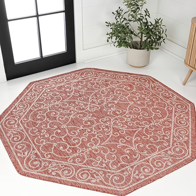 JONATHAN Y Vintage Filigree Indoor Outdoor Octagon Area Rug 8 Ft Red/Beige, Charleston Textured Weave for Backyard, Patio, Porch, Easy-Cleaning, High Traffic, Pet-Friendly, Non-Shedding SMB106B-8TGN-Ruum Studio Home