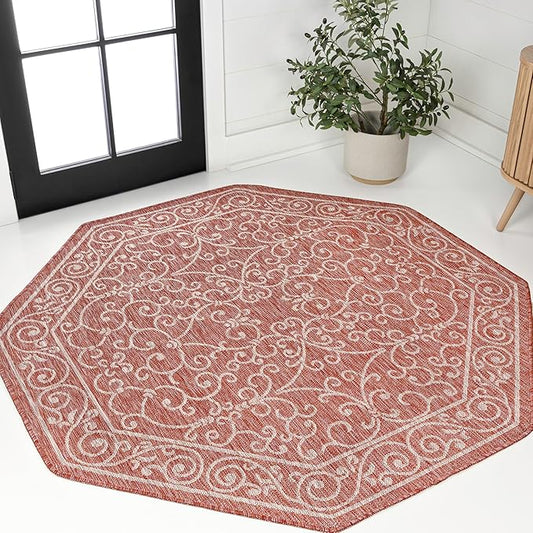 JONATHAN Y Vintage Filigree Indoor Outdoor Octagon Area Rug 8 Ft Red/Beige, Charleston Textured Weave for Backyard, Patio, Porch, Easy-Cleaning, High Traffic, Pet-Friendly, Non-Shedding SMB106B-8TGN-Ruum Studio Home