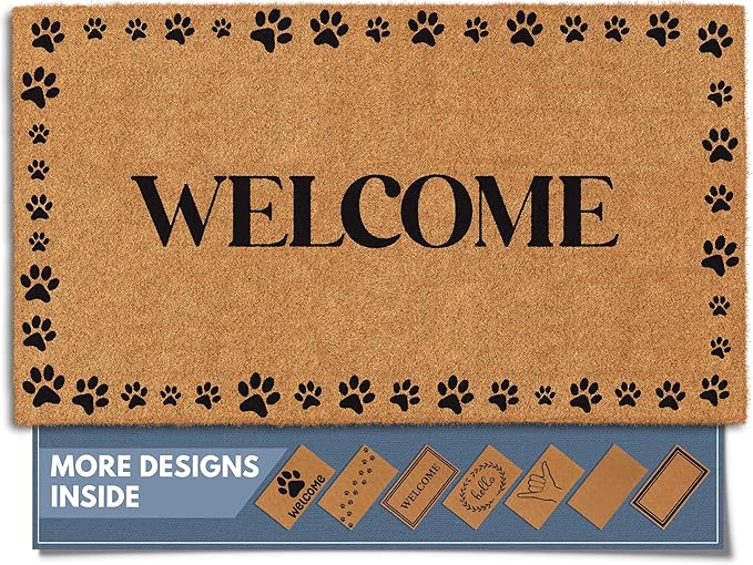 Barnyard Designs Natural Coco Coir Heavy Duty Backing Doormat - Large Cute Non-Slip Front Door Welcome Mat for Outside Entrance or Porch Entry, Brown (17x30, Welcome Paws)-Ruum Studio Home