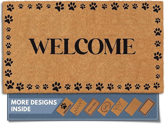 Barnyard Designs Natural Coco Coir Heavy Duty Backing Doormat - Large Cute Non-Slip Front Door Welcome Mat for Outside Entrance or Porch Entry, Brown (17x30, Welcome Paws)-Ruum Studio Home