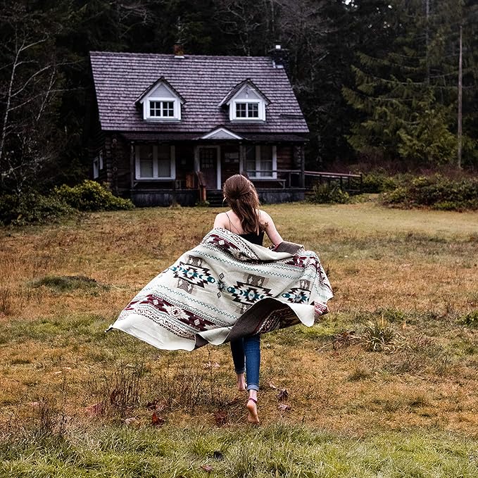 Inca Aztec Throw, Queen, King Blanket | Southwest Indian Navajo Boho Style | Native Cover for Camping, Bedding, Couch, Vanlife | Faux Alpaca, Lightweight, Hypoallergenic (Chimborazo Beige, Queen)-Ruum Studio Home