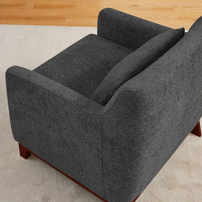 Extra Deep Accent Chair, Comfy Fabric Armchair with Wood Base, Upholstered Single Sofa Chair for Living Room & Bedroom, Boucle Dark Gray-Ruum Studio Home