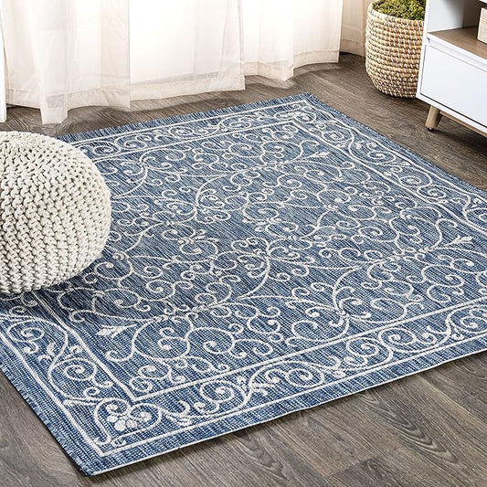 JONATHAN Y Vintage Filigree Indoor Outdoor Square Area Rug 8X8 Navy/Gray, Charleston Textured Weave for Backyard, Patio, Porch, Easy-Cleaning, High Traffic, Pet-Friendly, Non-Shedding (SMB106D-8SQ)-Ruum Studio Home