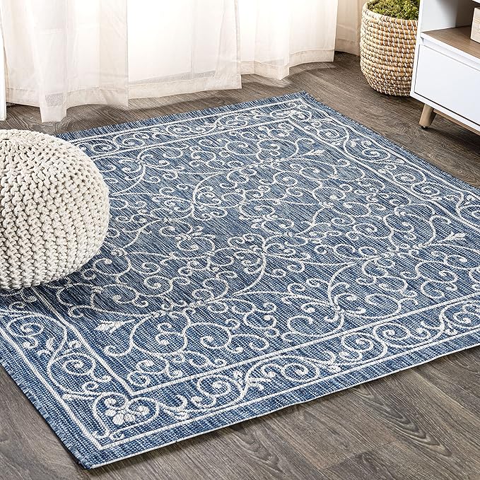 JONATHAN Y Vintage Filigree Indoor Outdoor Square Area Rug 9X9 Navy/Gray, Charleston Textured Weave for Backyard, Patio, Porch, Easy-Cleaning, High Traffic, Pet-Friendly, Non-Shedding (SMB106D-9SQ)-Ruum Studio Home