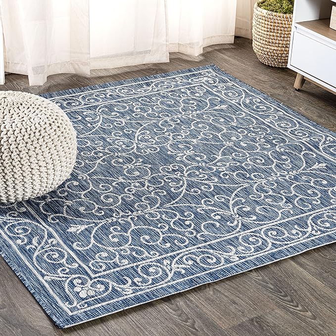 JONATHAN Y Vintage Filigree Indoor Outdoor Square Area Rug 6X6 Navy/Gray, Charleston Textured Weave for Backyard, Patio, Porch, Easy-Cleaning, High Traffic, Pet-Friendly, Non-Shedding (SMB106D-6SQ)-Ruum Studio Home