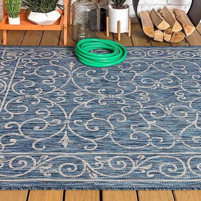 JONATHAN Y Vintage Filigree Indoor Outdoor Area Rug 5X8 Navy/Gray, Charleston Textured Weave for Backyard, Patio, Porch, Easy-Cleaning, High Traffic, Pet-Friendly, Non-Shedding (SMB106D-5)-Ruum Studio Home
