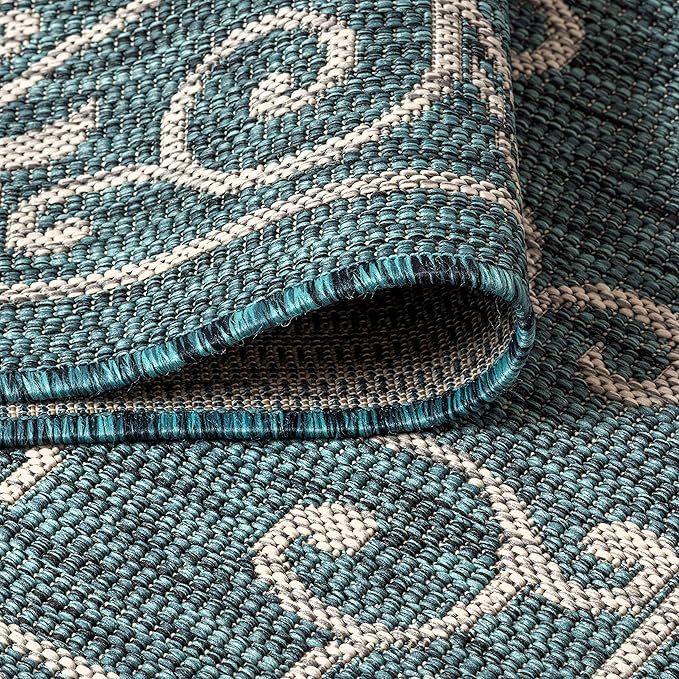 JONATHAN Y Vintage Filigree Indoor Outdoor Round Area Rug 9 Ft Teal/Gray, Charleston Textured Weave for Backyard, Patio, Porch, Easy-Cleaning, High Traffic, Pet-Friendly, Non-Shedding (SMB106F-9R)-Ruum Studio Home