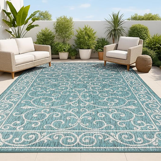 JONATHAN Y Vintage Filigree Indoor Outdoor Area Rug 5X8 Teal/Gray, Charleston Textured Weave for Backyard, Patio, Porch, Easy-Cleaning, High Traffic, Pet-Friendly, Non-Shedding (SMB106F-5)-Ruum Studio Home