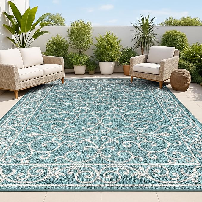 JONATHAN Y Vintage Filigree Indoor Outdoor Area Rug 4X6 Teal/Gray, Charleston Textured Weave for Backyard, Patio, Porch, Easy-Cleaning, High Traffic, Pet-Friendly, Non-Shedding (SMB106F-4)-Ruum Studio Home
