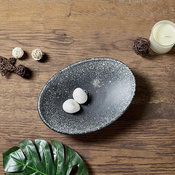 Oval Ceramic Decorative Bowl, Key Dish for Entryway Table, Small Home Decor Accent, Trinket Tray for Office Home Decor Gift (10'' Snowflake Gray without Glaze Layer)-Ruum Studio Home