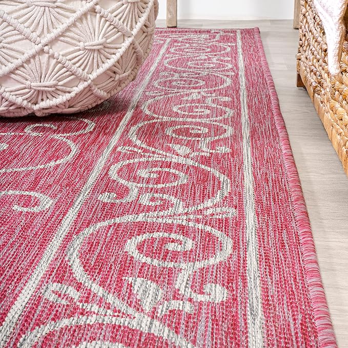 JONATHAN Y Vintage Filigree Indoor Outdoor Round Area Rug 5 Ft Fuchsia/Light Gray, Charleston Textured Weave for Backyard, Patio, Porch, Easy-Cleaning, Pet-Friendly, Non-Shedding (SMB106J-5R)-Ruum Studio Home