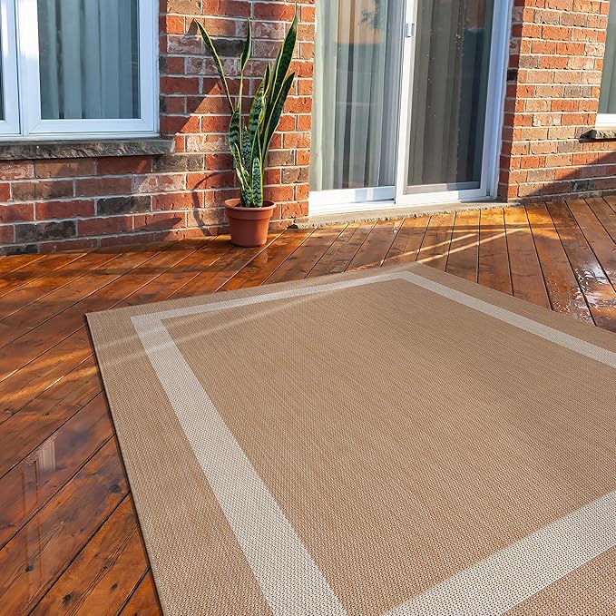 CAMILSON Outdoor Rug 9x12, Large Modern Outside Rugs for Patios Porches Waterproof Durable Washable Non-Shedding, Easy-to-Clean Indoor Outdoor Area Carpet (9 x 12, Bordered - Beige/White)-Ruum Studio Home