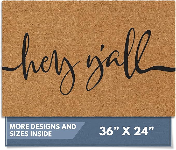 Barnyard Designs Natural Coco Coir Heavy Duty Backing Doormat - Large Cute Non-Slip Front Door Welcome Mat for Outside Entrance or Porch Entry, Brown (24x36, Y'all)-Ruum Studio Home