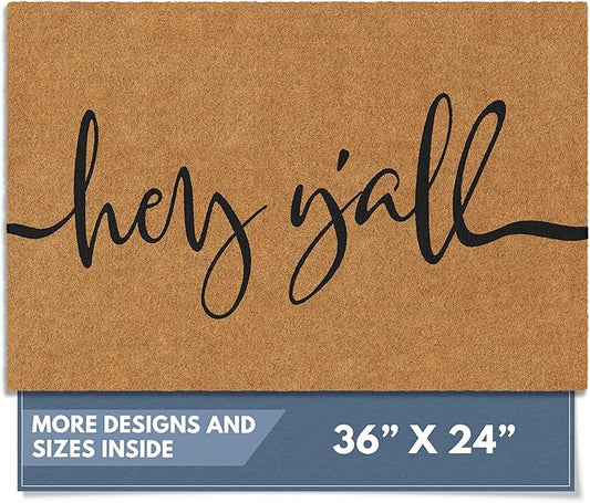 Barnyard Designs Natural Coco Coir Heavy Duty Backing Doormat - Large Cute Non-Slip Front Door Welcome Mat for Outside Entrance or Porch Entry, Brown (24x36, Y'all)-Ruum Studio Home