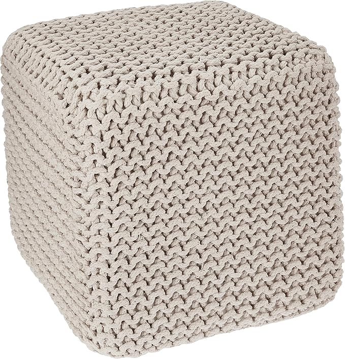 REDEARTH Square Pouf Ottoman Foot Stool - Hand Knitted Bean Bag - Cord Boho Pouffe - Accent Poof for Living Room - Nursery - Bedroom - Kids Bedroom - Patio - 100% Cotton (16" x 16" x 16") - Ivory-Ruum Studio Home