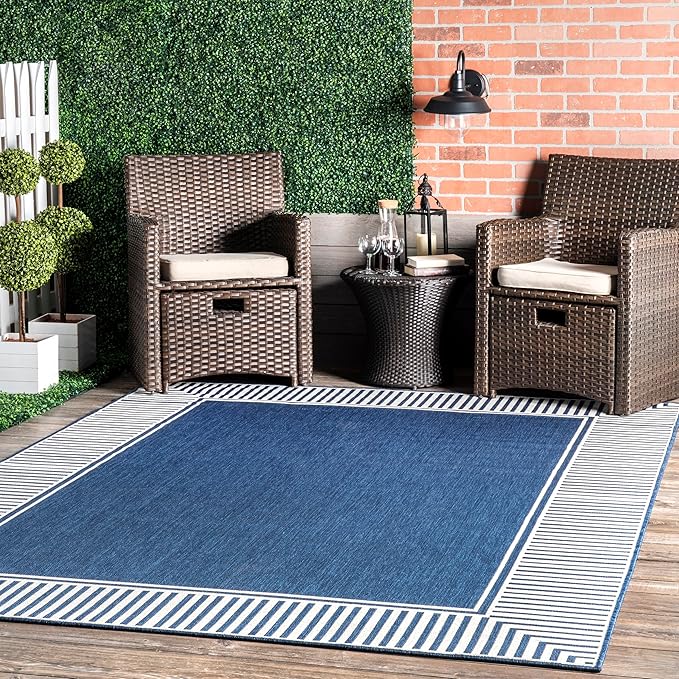 nuLOOM 6' 7" x 9' Outdoor Area Rug, Casual Design With Striped Border, Stain Resistant, Highly Durable, For Patio, Balcony, Bedroom, Living Room, Dining Room, Bathroom, Navy-Ruum Studio Home