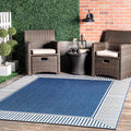 nuLOOM 4' x 6' Outdoor Area Rug, Casual Design With Striped Border, Stain Resistant, Highly Durable, For Patio, Balcony, Bedroom, Living Room, Dining Room, Bathroom, Navy-Ruum Studio Home