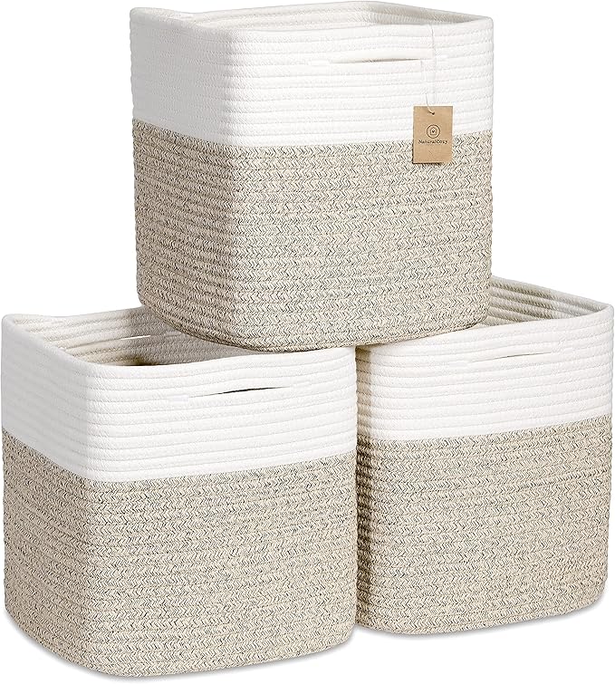 NaturalCozy Storage Cubes 11 Inch Cotton Rope Woven Baskets for Organizing, 3-Pack | Cube Bin Square Shelves Organizer, Classroom, Kids Toy Bins, Closet, Baby Nursery-Ruum Studio Home