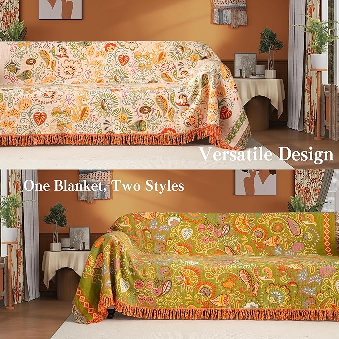 Boho Throw Blanket Queen Size, Oversized Soft Cozy Cotton Muslin Quilt Blanket for Bed Decor, Floral Patterned Couch Sofa Chair Cover, Vintage Farmhouse Cottage Woven Blanket, Coral&Green-Ruum Studio Home