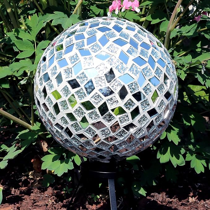 Sunnydaze 10-inch Gazing Ball for Garden - Crackled Glass Mosaic Gazing Globe for Outside - Mirrored Diamond Mosaic-Ruum Studio Home