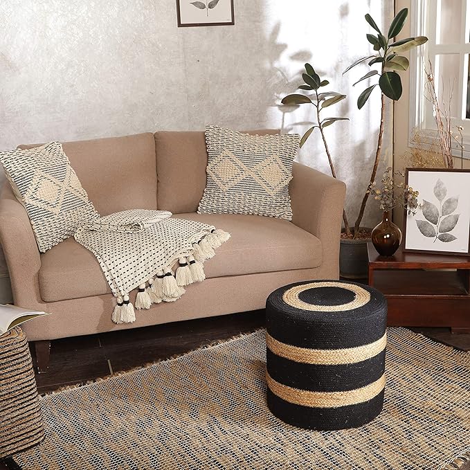REDEARTH · Cylindrical Pouf Foot Stool Ottoman - Jute Braided Pouffe Poof Accent Sitting Footrest for The Living Room, Bedroom, Nursery, Patio, Lounge & Other Rooms (14.5”x14.5”x16”; Black Natural)-Ruum Studio Home