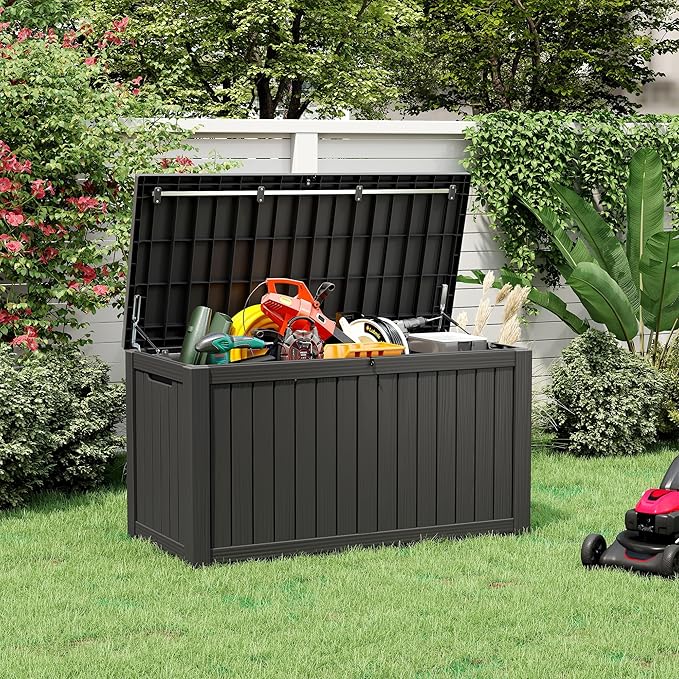 KAMABOKO Outdoor Storage Box, 150 Gallon Large Outdoor Resin Deck Box, Storage Waterproof Boxes Lockable Lid for Garden Tools, Pool Supplies, Patio Furniture and Cushions, Black-Ruum Studio Home