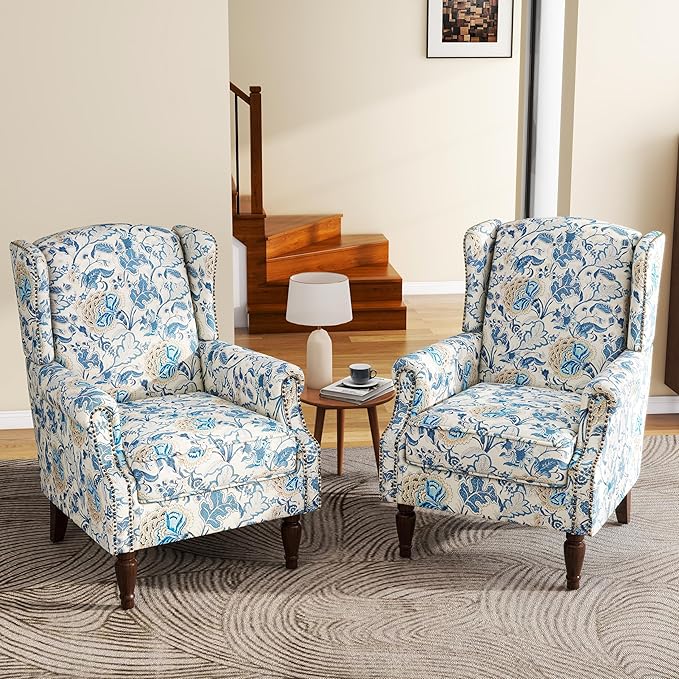 UIXE High Back Floral Accent Chairs Set of 2, Upholstered Armchair in Fabric, Retro Printed Wingback Arm Chair for Living Room, Nailhead Trim Single Sofa Bedroom Reading Seat - Boho Blue-Ruum Studio Home