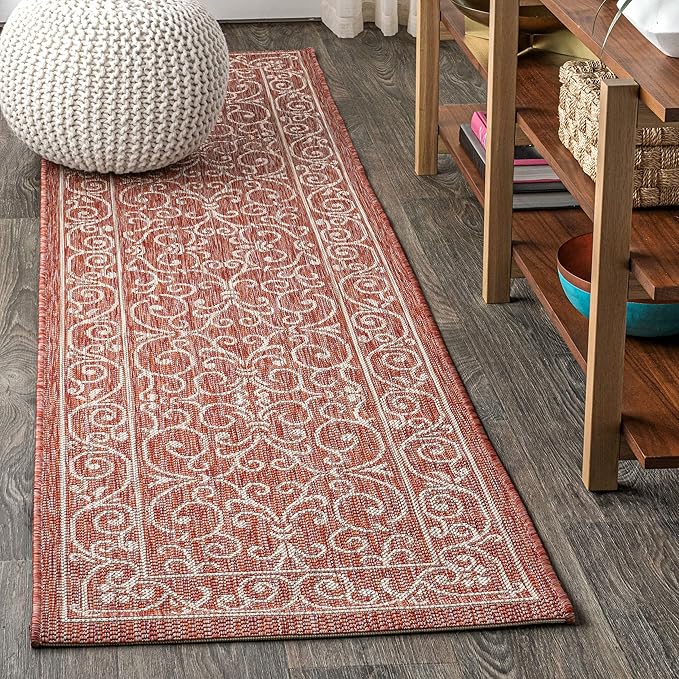 JONATHAN Y Vintage Filigree Indoor Outdoor Runner Rug 2X10 Red/Beige, Charleston Textured Weave for Backyard, Patio, Porch, Easy-Cleaning, High Traffic, Pet-Friendly, Non-Shedding (SMB106B-210)-Ruum Studio Home