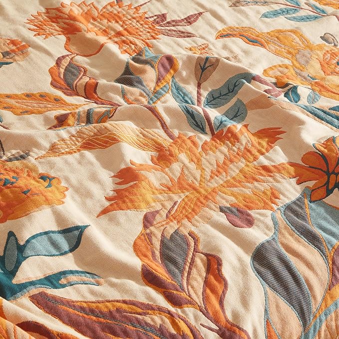 Boho Throw Blanket for Bed 90”x98”, 100% Cotton Woven Blanket for Couch Sofa, Ultra Soft 4-Layer Muslin Quilt with Floral Printed, Farmhouse Bed Blanket/Cover for Living Room Decor-Ruum Studio Home