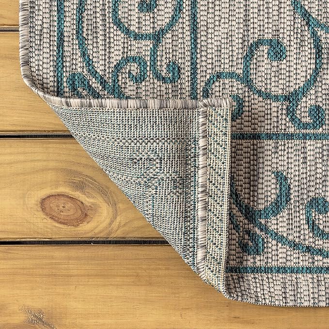 JONATHAN Y Vintage Filigree Indoor Outdoor Round Area Rug 8 Ft Gray/Teal, Charleston Textured Weave for Backyard, Patio, Porch, Easy-Cleaning, High Traffic, Pet-Friendly, Non-Shedding (SMB106E-8R)-Ruum Studio Home
