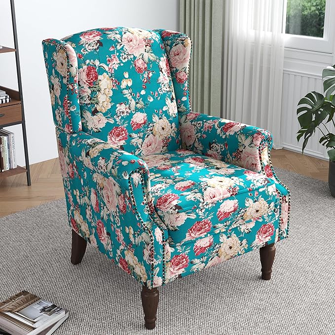 Lumibee Wingback Accent Chair,High Back Floral Armchairs in Fabric,Comfy Upholstered Reading Single Sofa Chair with Solid Wood Legs for Living Room,Bedroom,Office-Peacock Blue-Ruum Studio Home