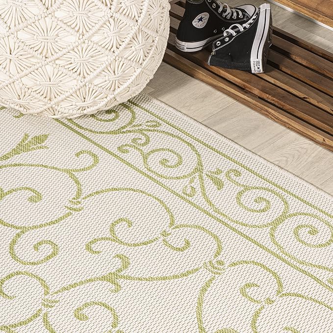 JONATHAN Y Vintage Filigree Indoor Outdoor Square Area Rug 5X5 Cream/Green, Charleston Textured Weave for Backyard, Patio, Porch, Easy-Cleaning, High Traffic, Pet-Friendly, Non-Shedding (SMB106I-5SQ)-Ruum Studio Home
