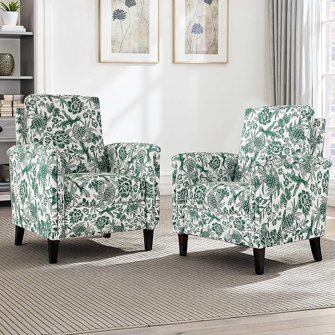 Floral Accent Chair Set of 2, High Back Upholstered Armchair with Solid Wooden Legs, Padded Armrest and Removable Comfortable Cushioned Seat Single Sofa for Living Room, Bedroom, Green-Ruum Studio Home