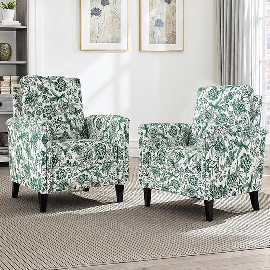 Floral Accent Chair Set of 2, High Back Upholstered Armchair with Solid Wooden Legs, Padded Armrest and Removable Comfortable Cushioned Seat Single Sofa for Living Room, Bedroom, Green-Ruum Studio Home