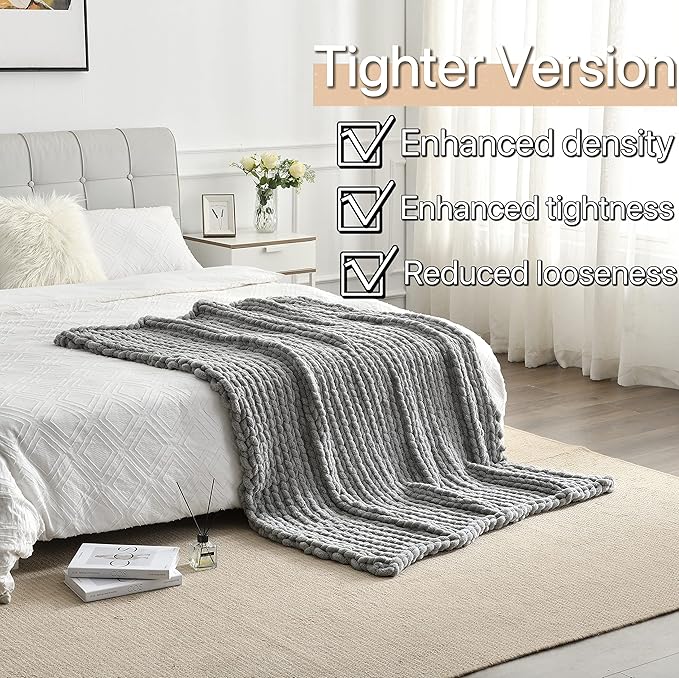 Maetoow Tighter Version Chenille Chunky Knit Blanket Throw （50×60 Inch）, Handmade Warm & Cozy Blanket Couch, Bed, Home Decor, Soft Fleece Banket, Boho Thick Blankets and Giant Yarn Throws，Light Grey-Ruum Studio Home