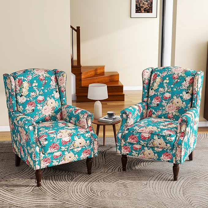 UIXE High Back Floral Accent Chairs Set of 2, Upholstered Armchair in Fabric, Retro Printed Wingback Arm Chair for Living Room, Nailhead Trim Single Sofa Bedroom Reading Seat - Peacock Blue-Ruum Studio Home
