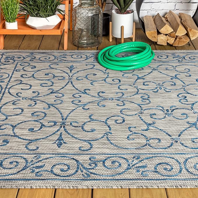 JONATHAN Y Vintage Filigree Indoor Outdoor Area Rug 4X6 Gray/Navy, Charleston Textured Weave for Backyard, Patio, Porch, Easy-Cleaning, High Traffic, Pet-Friendly, Non-Shedding (SMB106C-4)-Ruum Studio Home
