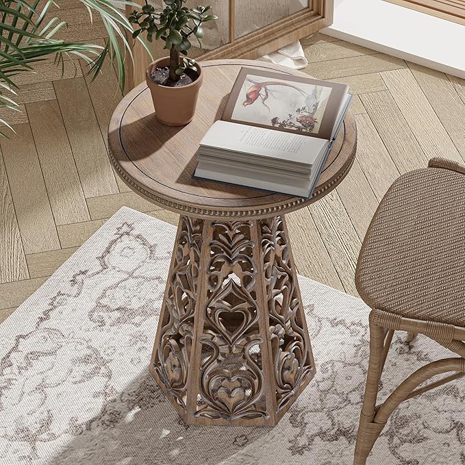 Rustic Farmhouse Wooden End Table, Distressed Round Accent Table with Intricate Carved Floral Patterns, Boho, for Living Room, Bedroom, or Entryway, Distressed Wood Color-Ruum Studio Home
