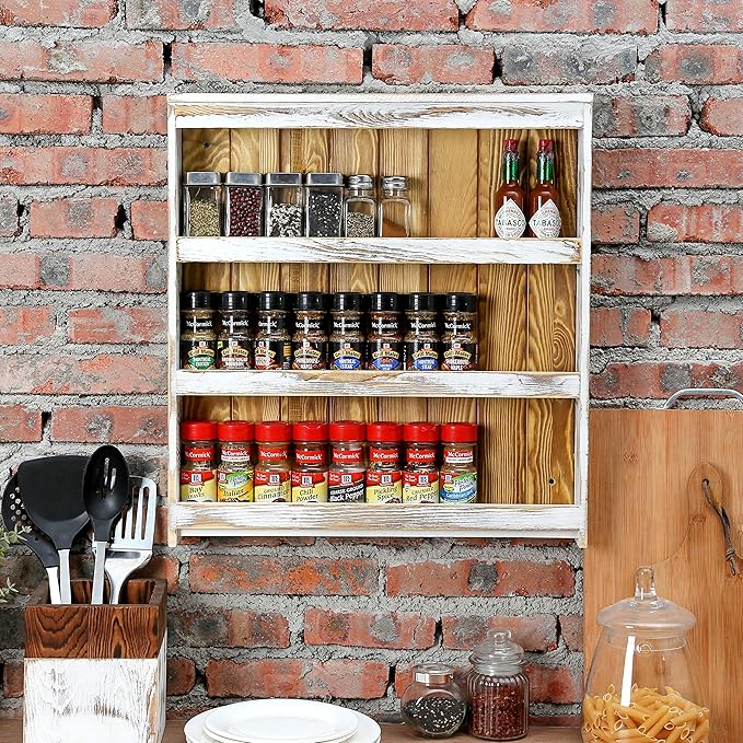 MyGift 3 Tier Wall Mounted Spice Rack, Shabby White Washed and Rustic Natural Burnt Solid Wood Kitchen Pantry Storage Shelf for Seasoning Jars or Condiment Bottles-Ruum Studio Home