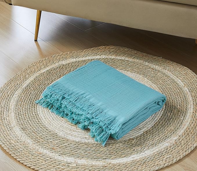 100% Cotton Muslin Throw Blanket for Bed, Couch, Small, Decorative, Soft, Pre-Washed, Breathable and Lightweight Gauze Blanket with Fringes, Suitable for All Seasons, Teal, 50"x60"-Ruum Studio Home