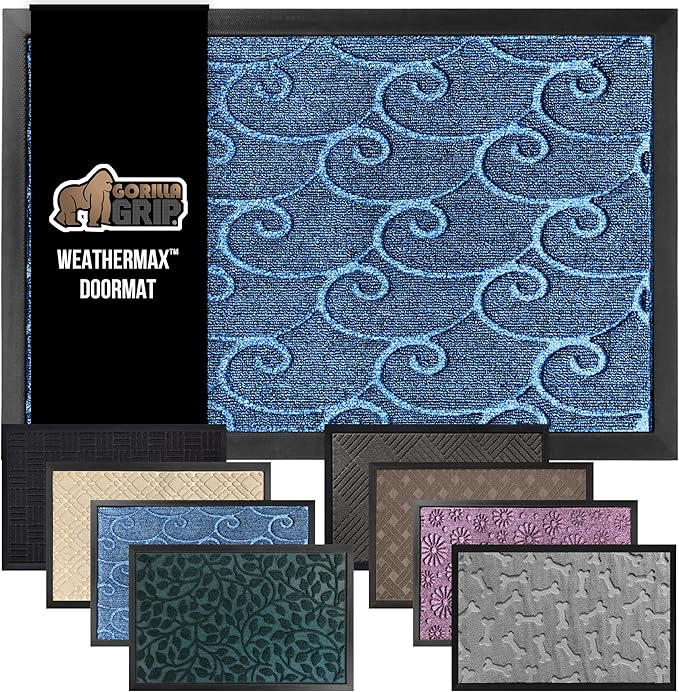 GORILLA GRIP 100% Waterproof All-Season WeatherMax Doormat 35x23, US Designed Natural Rubber, Stain and Fade Resistant, Low Profile Indoor Outdoor Door Mats, Easy Clean Patio Mat, Ocean Blue Waves-Ruum Studio Home