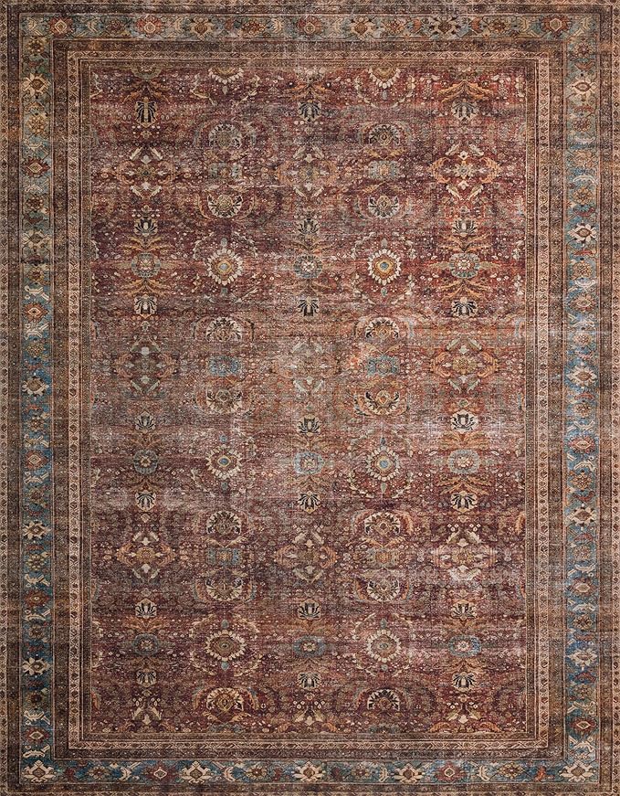 Loloi Layla Collection LAY-01 Brick/Blue 2'-6" x 9'-6" .13" Thick Runner Rug, Soft, Durable, Vintage Inspired, Distressed, Low Pile, Non-Shedding, Easy Clean, Printed, Living Room Rug-Ruum Studio Home