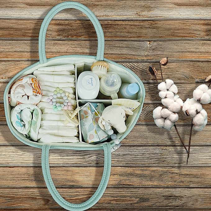 Large Baby Diaper Caddy Organizer for Girl Boy Rope Nursery Storage Bin Basket Portable Holder Tote Bag for Changing Table Car Travel Baby Shower Gifts Newborn Essentials Registry Must Have Green-Ruum Studio Home