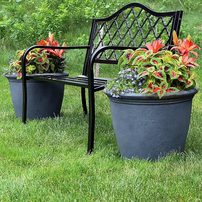 Sunnydaze 20-Inch Anjelica Large Plastic Pot for Plants - Outdoor Polyresin Round Planter with Drillable Drainage Holes - Slate - 2pk-Ruum Studio Home