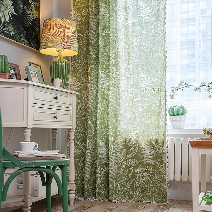 Sutuo Home Boho Curtain 84 Inches Length for Bedroom, Printed Cotton Linen Rod Pocket Rustic Farmhouse Bohemian Tassels Window Treatment, 1 Panel 59" W x 84" L, Green Tropical Leaves-Ruum Studio Home
