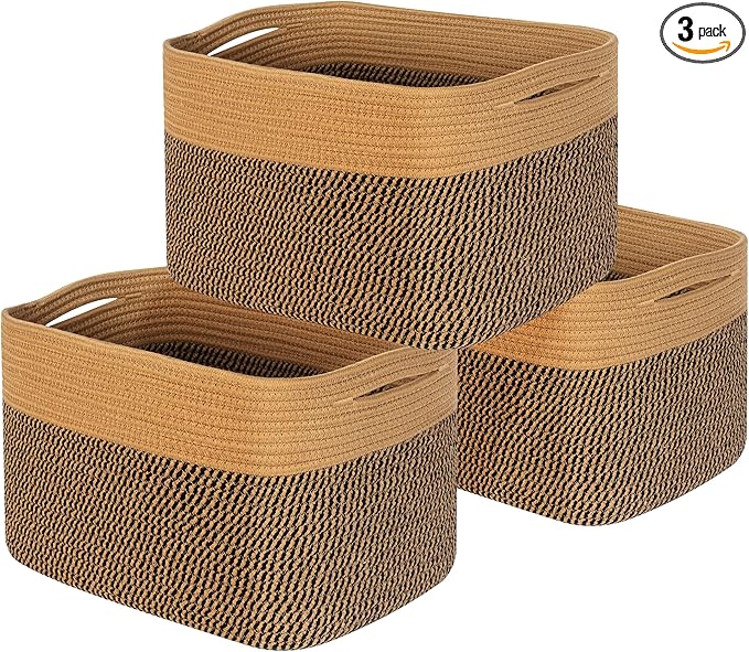 MINTWOOD Design 3-Pack Storage Baskets for Shelves, Decorative Baskets for Organizing, Woven Baskets for Storage, Book Basket Cube Storage Bin Box, Pantry Closet and Shoe Organizers, Black Jute-Ruum Studio Home